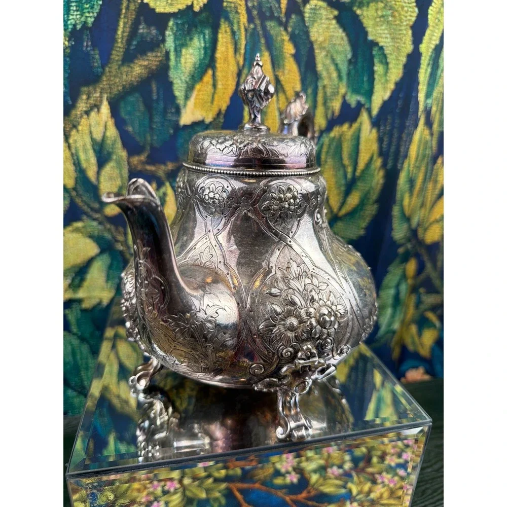 Antique Henry Graves Birmingham Silver Plate Teapot‎ Victorian Repousse Footed
